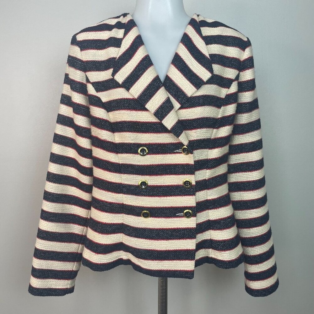 Cabi Cruise Jacket 6 Nautical Stripe Navy Blue Tweed Double Breasted Blazer